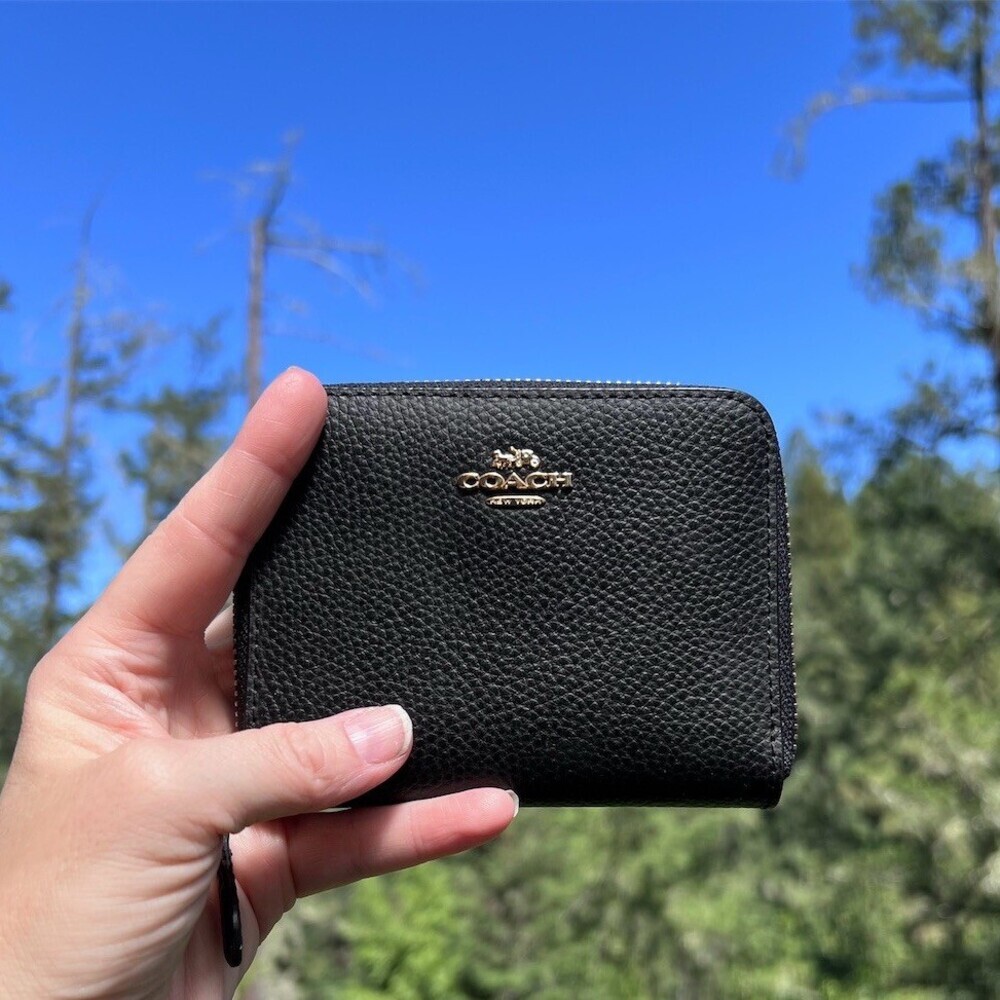 COACH Small Black Polished Pebble Leather Wallet with Gold Hardware AUTHENTIC